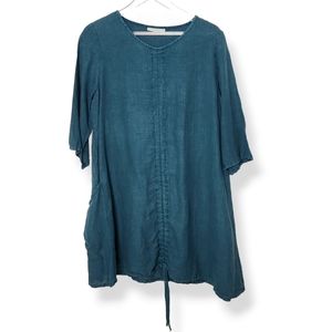 Brynn Walker Teal Blue 100% Linen Tunic Top Front Center Drawstring Ruched Small